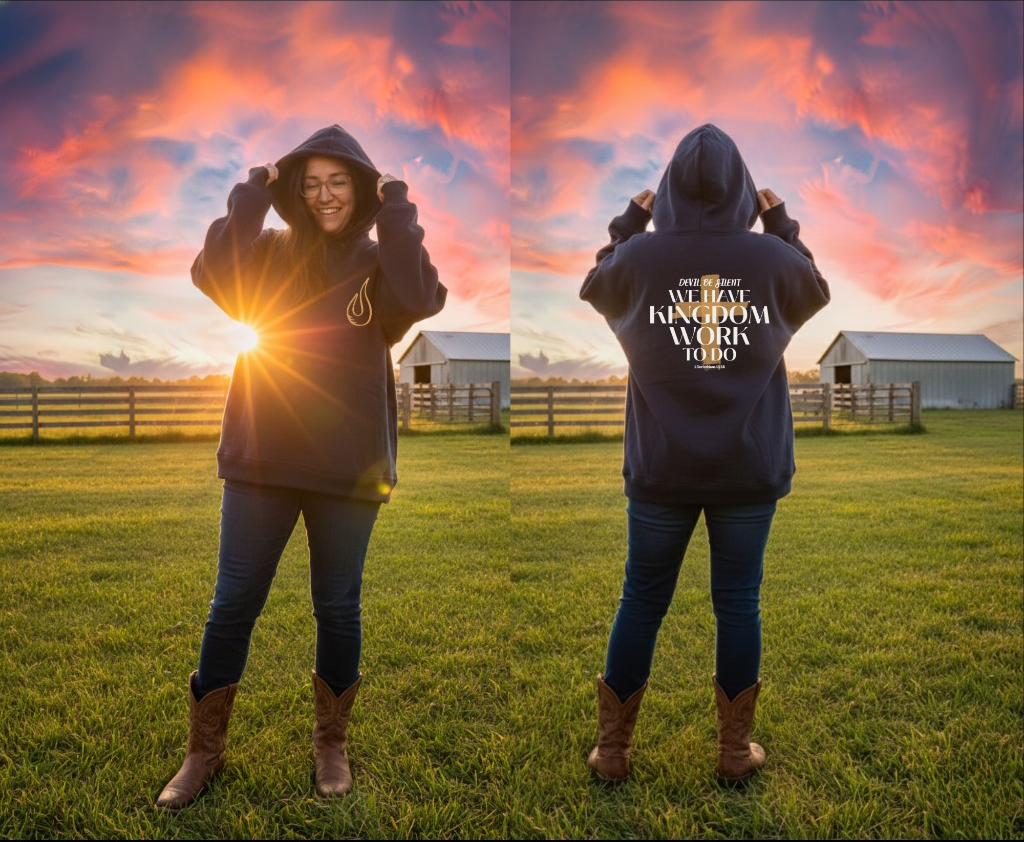 Kingdom Work navy hoodie, front and back