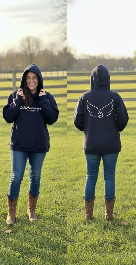 God believes in you navy hoodie, front and back