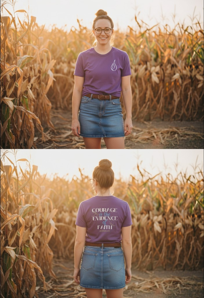 Courage is the Evidence of Faith purple tee, front and back