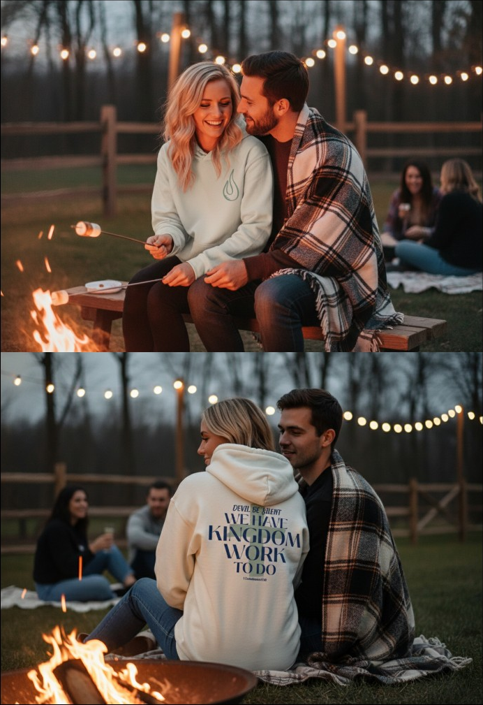 Kingdom Work cream hoodie, front and back